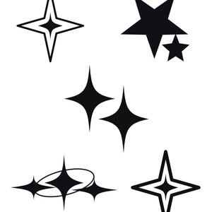 Op de afbeelding: Een verzameling zwarte grafische iconen met verschillende ster- en sprankelvormen. De set bevat vierpuntige sterren met omlijningen, massieve vijfpuntige sterren en clusters van vierpuntige ruitvormige sprankels, waarvan sommige omcirkeld door ringen.
