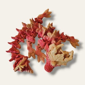 May include: A red and cream colored plastic dragon toy made up of multiple connected pieces. The dragon is curled up in a circle with its head facing the viewer.