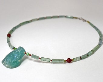 Ancient roman glass green imperfection large head necklace【free shipping】【AB20011】