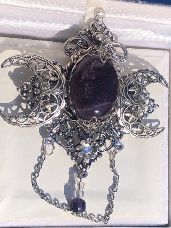 Vintage Art Deco Purple Agate Silver Filigree Cre… - image 1