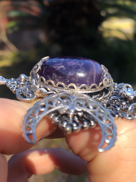 Vintage Art Deco Purple Agate Silver Filigree Cre… - image 6