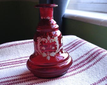 Victorian Era Hand Blown Bohemian Ruby Glass Hand Painted Perfume Bottle