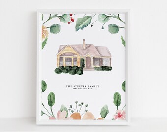 House Portrait, Custom house illustration, Custom house drawing, First house, Watercolor house portrait, House print, Home illustration