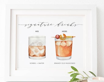 Hand Drawn Custom Signature Drinks Sign, Custom Illustration Signature Drinks, Cusom sign, Custom Watercolor, Personalized Painting, Wedding