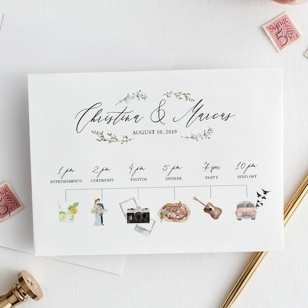 Personalized Watercolor Wedding Timeline, Custom Event Timeline, Printable Wedding Icons Card, Wedding Order of Ceremony, Wedding Program