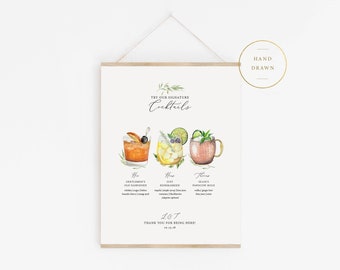 Hand Drawn Custom Signature Drinks Sign, Custom Illustration Signature Drinks, Greenery, Custom Watercolor, Personalized Painting, Wedding