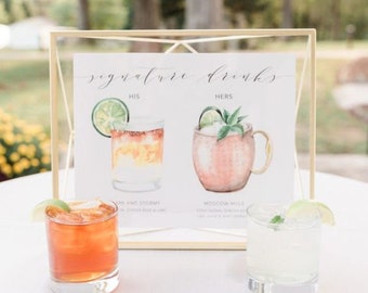 Printable Hand Drawn Bar Sign, Custom Signature Drinks, Cusom sign, Custom Watercolor, Personalized Wedding Bar Sign, Wedding, Cocktails