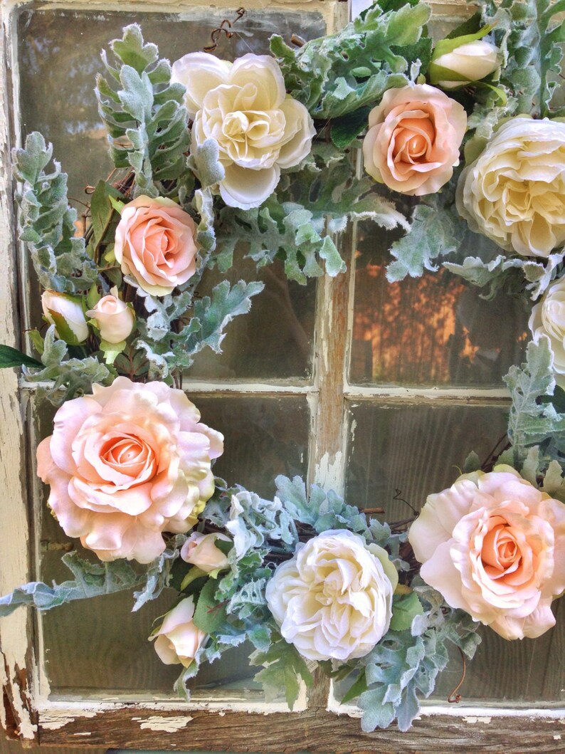 Wedding Decor Wreaths Peach Rose Wreath White Peony Spring and Summer Wreath Seafoam Dusty Miller wreaths Elegant magnolia homes