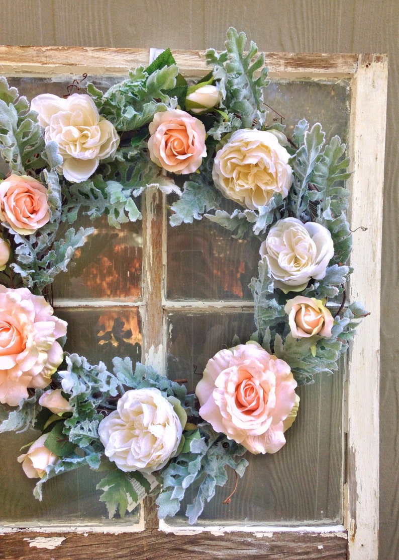 Wedding Decor Wreaths Peach Rose Wreath White Peony Spring and Summer Wreath Seafoam Dusty Miller wreaths Elegant magnolia homes