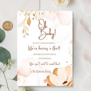 Annonce de grossesse blush rose | Floral Baby Révèle | | de révélation de genre carte d’annonce de bébé | | d’explosion de révélation de genre Bébé minimaliste