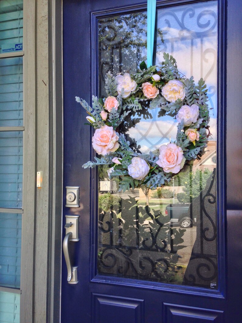 Wedding Decor Wreaths Peach Rose Wreath White Peony Spring and Summer Wreath Seafoam Dusty Miller wreaths Elegant magnolia homes
