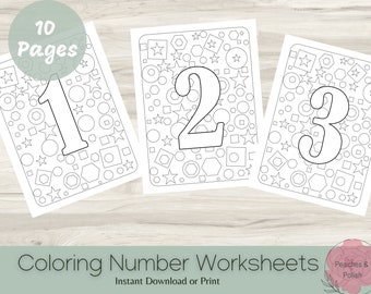 Puede incluir: Tres páginas para colorear blancas con los números 1, 2 y 3, cada una rodeada de formas geométricas y estrellas. El texto "Coloring Number Worksheets" y "Instant Download or Print" está en la parte inferior, con "10 Pages" en la parte superior.