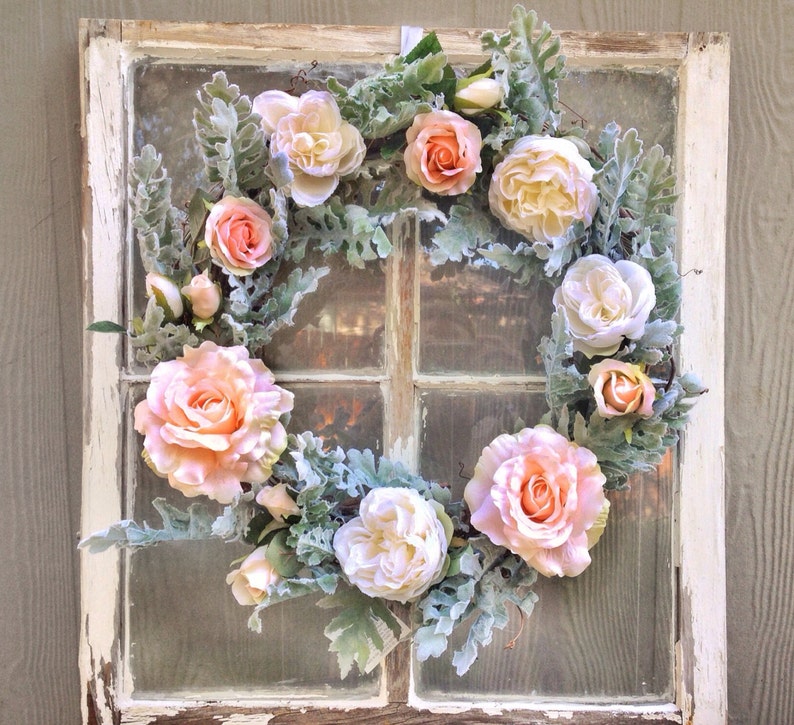 Wedding Decor Wreaths Peach Rose Wreath White Peony Spring and Summer Wreath Seafoam Dusty Miller wreaths Elegant magnolia homes