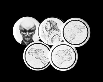 Pinbuttons dinosaurios neandertales y alienígenas