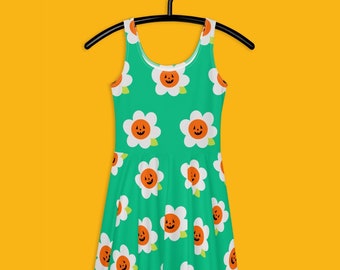 Jack o Lantern Daisy Halloween Skater Dress in Green-Great for Summer