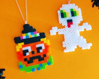 Throwback style Halloween Perler Bead Necklace-Jack o lantern or Ghost