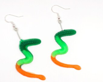Creepy Crawler Worm 90s Earrings-Orange and Green