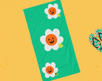 Jack O Lantern Daisy Halloween Beach Towel