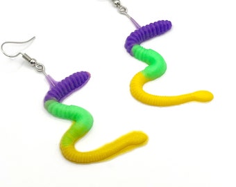 Creepy Crawler Worm 90s Earrings-Yellow Purple and Green color