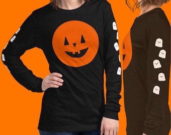 Jack O Lantern and Ghosts on sleeves Unisex Long Sleeve Halloween Tee-Printed on both sleeves