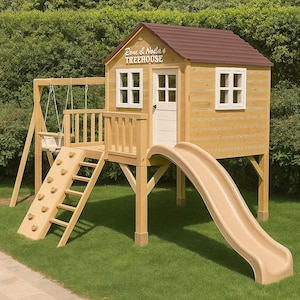 Houten speelhuis met glijbaan en schommels – Buitenspeeltuin voor kinderen – Geschilderde grenen klimset – Speelstructuur in de achtertuin