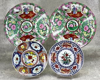 Vintage Cantonese Famille Rose Medallion Dinner Plate, Chinese Hand Painted Porcelain Plate With Family, Flowers And Birds and IMARI Japan