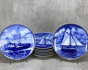 TOVE SVENDSEN and Lekven Design Fishing Business Plates Collection with Boats, Sailboats, Trawls, Ships 1975 - 2004