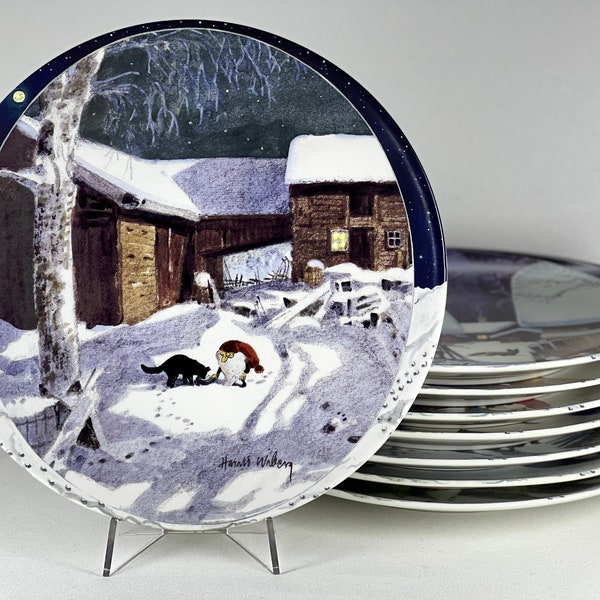 TOMTEN Christmas Vintage Collectible Wall Plate Collection, Midwinter Nights by Harald Wiberg Decorative Winter Scene Gnomes Santa Claus Cat