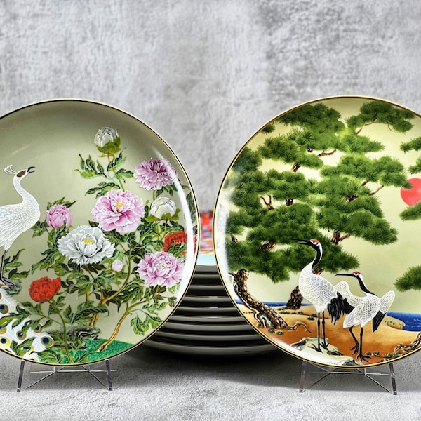 Franklin Mint Porzellan Teller Kollektion, Vögel und Blumen des Orients, Twelve Months Series von Naoka Nobata, Made in Japan 1979