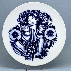 Rosenthal Sudio - Linie Germany, Porcelain Plate, Blue Bird, Girl with Flowers by Bjorn Wiinblad