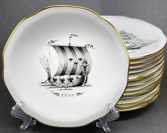 Rorstrand, Lidkoping, Historical Royal Nautical Sailing Viking Ships Porcelain Plates Made for the Swedish-American Passenger Line