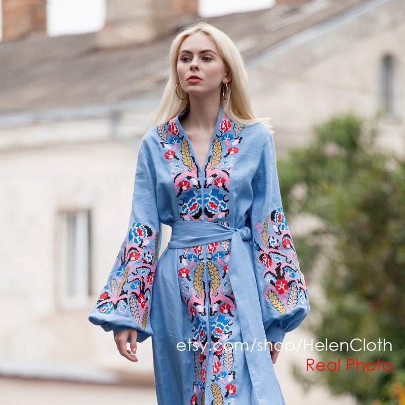 Kate Maxi Caftan with Embroidery in Blue/Green Tie Dye by ExVoto main image 1