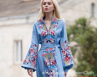 Light Blue Embroidered Kaftan, Linen Maxi Dress, Dubai Caftan, Embroidered Long Dress, Size Plus Tunic, Vyshyvanka Bohemian Clothing, Custom
