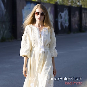 Ivory Linen Embroidered Dress Vyshyvanka Ukrainian Tunic Mexico Embroider Dress Kaftan Abaya Caftan Bohemian ethno beach linen wear, peasant