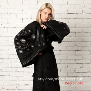 Falda de lino negro bordado Vyshyvanka Falda midi negra ucraniana estilo boho Falda mexicana y blusa Camisa negra oversize mujer conjunto de lino