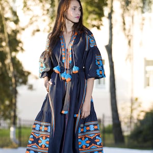 Vyshyvanka Embroidered Dress Linen Kaftan Mexican Dress Ukrainian Embroidered Dress boho Style Vyshyvanka Ethnic Ukrainian Clothing