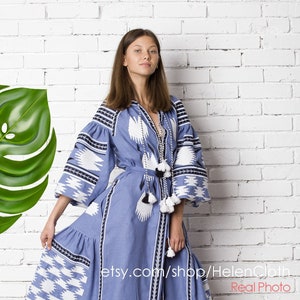 Blue Linen Embroidered Vyshyvanka Dress Ukrainian Birds Dress Vyshyvanka Dress Geometric Pattern Kaftan Abaya Free Shipping