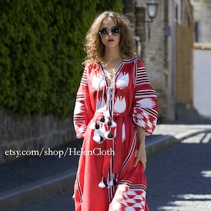 Red Linen Maxi Embroider Dress, Vyshyvanka, Ukrainian Long Tunic, Mexico Embroidery, Kaftan Abaya, Bohemian Cross Stitch Pattern Dress