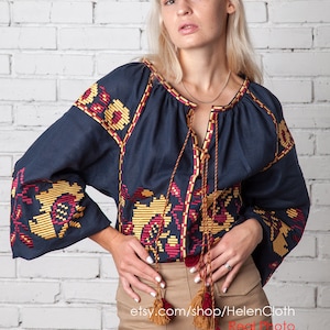 Ukrainian Blouse, Vyshyvanka, Linen Folk Blouse With Embroidered Sleeves, Etnic Women Shirt, Organic Embroidered Blouse, Mexican Style