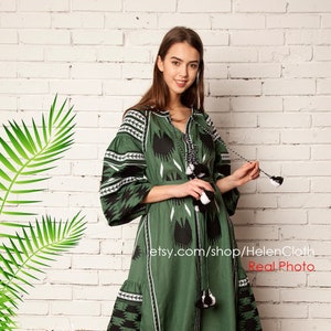 Green women long dress with embroidery, Ukrainian vyshyvanka dress mexican dress Abaya, Caftan Light spring style Boho chic Ethno look folk