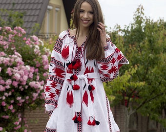 Women's White Linen Embroidered Dress, Vyshyvanka, Ukrainian Vyshyvanka, Dress Mexican, Dress Abaya, Caftan, Free Shipping, Boho style