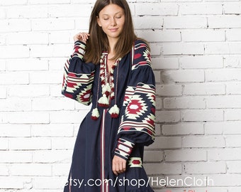 Vyshyvanka ukraińska haftowana maxi meksykańska lniana sukienka boho, niebieska granatowa haftowana Kaftan Abaya ukraiński styl Boho rty