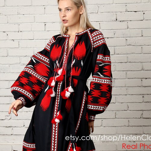 Ukrainian Vyshyvanka Embroidered Linen Dress Boho Style Kaftan - Etsy