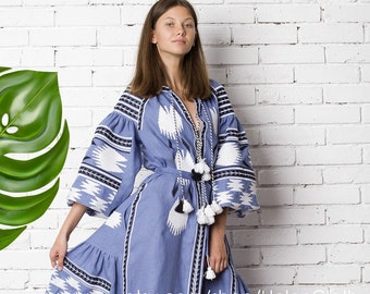 Blue Linen Embroidered Vyshyvanka Dress Ukrainian Birds Dress Vyshyvanka Dress Geometric Pattern Kaftan Abaya Free Shipping