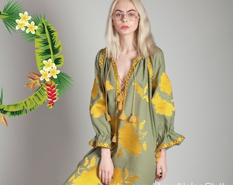 Olive Embroidered Dress, Boho Style, Women Linen Vyshyvanka, Ukrainian Vyshyvanka, Dress Mexican, Dress Abaya, Caftan