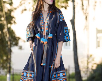 Vyshyvanka Embroidered Dress Linen Kaftan Mexican Dress Ukrainian Embroidered Dress boho Style Vyshyvanka Ethnic Ukrainian Clothing