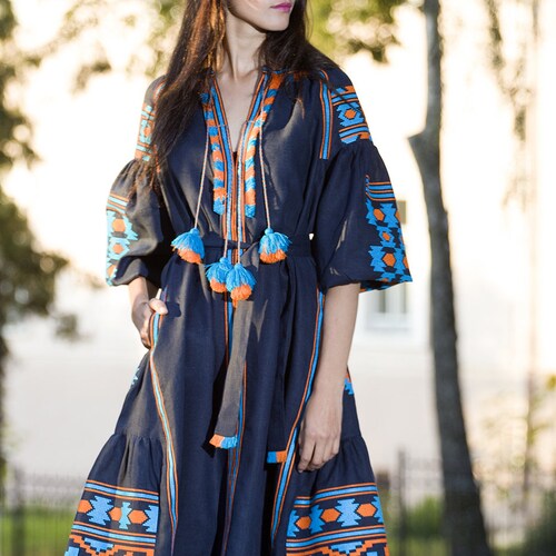 Vyshyvanka Blue Linen Embroidered Dress Ukrainian Vyshyvanka - Etsy