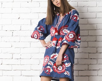 Ukrainian Vyshyvanka Dress Blue Embroidered dress Linen Dress With Geometric Flowers Pattern. Free Shipping