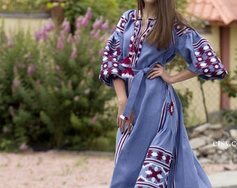 Vyshyvanka Blue Linen Embroidered Dress Ukrainian Vyshyvanka Dress Mexican Dress Kaftan Abaya, Caftan Free Shipping Boho style