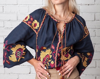 Ukrainian Blouse, Vyshyvanka, Linen Folk Blouse With Embroidered Sleeves, Etnic Women Shirt, Organic Embroidered Blouse, Mexican Style